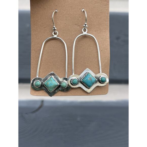 Turquoise Sterling Silver Wire Earrings Native Style SW Big 3 Stone Drop Hoop - Picture 3 of 5